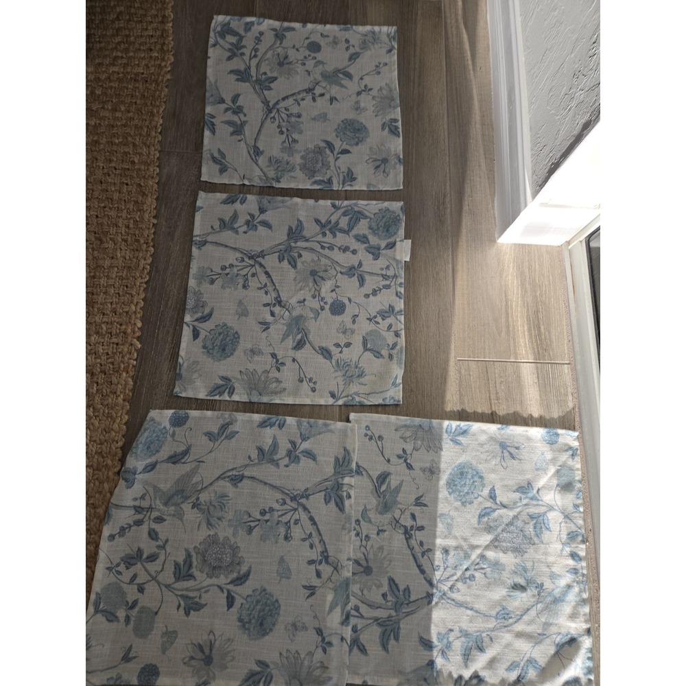 4 Laura Ashley Napkins Blue & White Cloth Floral Birds VG Cond Poly Linen 18x18"